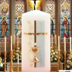 Online Weiße Konfirmationskerze mit Kelch und Kreuz – Gold verziert, personalisierbar Dekoration