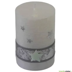 Sale weiße Rustic Weihnachstkerze mit Perlmutt-Oberfläche, Sternen und antik-silbernem Echtwachsband, Weihnachtsdeko Kerzen & Beleuchtung