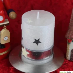 Sale weiße Rustic Weihnachstkerze mit Perlmutt-Oberfläche, Sternen und antik-silbernem Echtwachsband, Weihnachtsdeko Kerzen & Beleuchtung