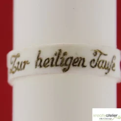 weiße Taufkerze mit Pax, Lorbeerzweig und Taube auf goldener Kachel, gold verziert schlanke Taufkerze handmade Taufkerzen