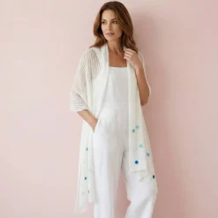 Outlet Weißer Mohair Schal mit blauen Blüten, gestrickte Stola Hochzeit, festliches Tuch für die Braut, Sommer Schultertuch Brautstolen & -Boleros
