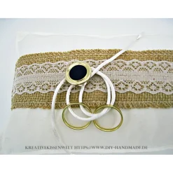 Best Weißes Ringkissen mit Spitze und Sackleinen, 24x14 cm – Handgemachtes Unikat für die Hochzeit Ringkissen