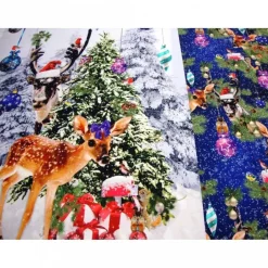 Weihnachtsstoffe|Modeatelier-Hildegard Weihnachten Panel Jersey Stoff Rehkitz Hirsch Kugeln Blau – Digitaldruck Baumwolle Oeko-Tex
