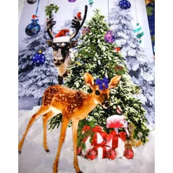 Weihnachtsstoffe|Modeatelier-Hildegard Weihnachten-Panel Digitaldruck Jersey Stoff Rehkitz Hirsch Kugeln blau – Baumwolle Jersey Weihnachtsstoff Oeko-Tex