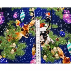 Weihnachtsstoffe|Modeatelier-Hildegard Weihnachten-Panel Digitaldruck Jersey Stoff Rehkitz Hirsch Kugeln blau – Baumwolle Jersey Weihnachtsstoff Oeko-Tex