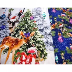 Weihnachtsstoffe|Modeatelier-Hildegard Weihnachten-Panel Digitaldruck Jersey Stoff Rehkitz Hirsch Kugeln blau – Baumwolle Jersey Weihnachtsstoff Oeko-Tex
