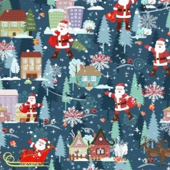 Outlet Weihnachten-Stoffe Baumwolldruck – Weihnachtsmann mit Schlitten auf jeansblau, Meterware, Weihnachtsstoffe, 100% Baumwolle Weihnachtsstoffe