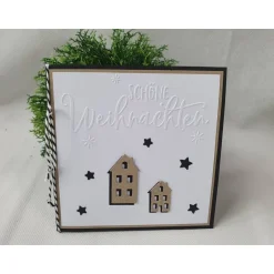 Weihnachtskarten|CreativAnita Weihnachtskarte - Grußkarte zu Weihnachten mit Häuser und Sternen in Schwarz-Braun-Weiß