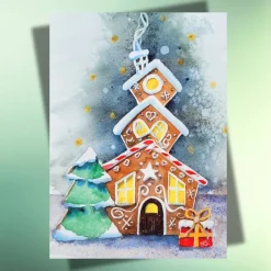 Outlet Weihnachtskarte Lebkuchenhaus – Handgemalte Aquarell-Postkarte auf Kraftpapier, winterlich & individuell Weihnachtskarten