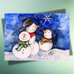 Hot Weihnachtskarte mit drei singenden Schneemännern – fröhliche Postkarte auf Kraftpapier Weihnachtskarten