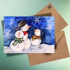 Hot Weihnachtskarte mit drei singenden Schneemännern – fröhliche Postkarte auf Kraftpapier Weihnachtskarten