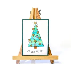 Best Weihnachtskarte mit handgezeichnetem grünen Weihnachtsbaum mit goldenen Sternen, Aquarell – Doppelkarte mit Umschlag Weihnachtskarten