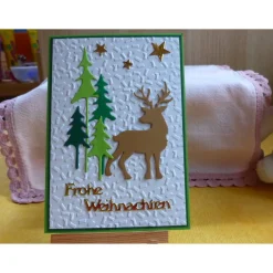 Weihnachtskarten|Wollzottel Weihnachtskarte mit Tannen in gold, handgefertigt