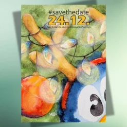 Hot Weihnachtskarte #savethedate – Lustiger Pinguin mit Elchgeweih, DIN A6 Postkarte auf Kraftpapier Weihnachtskarten