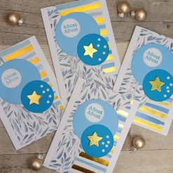 Clearance Weihnachtskarten mit goldfarbenen Holzstern • Blau & Winterdesign Weihnachtskarten