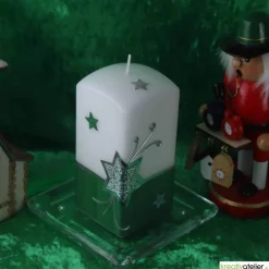 Online Weihnachtskerze mit Weihnachtsstern und Sternenschweif mit Strass-Steinen grün, weiß, silber, Quaderform Kerzen & Beleuchtung