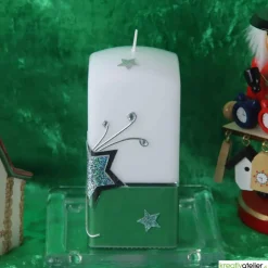 Online Weihnachtskerze mit Weihnachtsstern und Sternenschweif mit Strass-Steinen grün, weiß, silber, Quaderform Kerzen & Beleuchtung