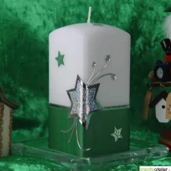 Online Weihnachtskerze mit Weihnachtsstern und Sternenschweif mit Strass-Steinen grün, weiß, silber, Quaderform Kerzen & Beleuchtung