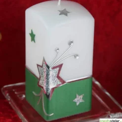Online Weihnachtskerze mit Weihnachtsstern und Sternenschweif mit Strass-Steinen grün, weiß, silber, Quaderform Kerzen & Beleuchtung