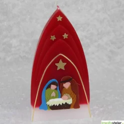 Online Weihnachtskerze personalisierbar – Kuppelmotiv rot-weiß mit Christkind, Maria und Josef, handgegossen Kerzen & Beleuchtung