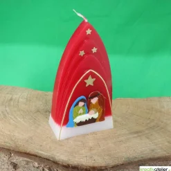 Online Weihnachtskerze personalisierbar – Kuppelmotiv rot-weiß mit Christkind, Maria und Josef, handgegossen Kerzen & Beleuchtung
