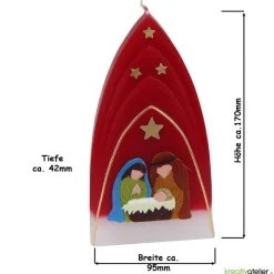 Online Weihnachtskerze personalisierbar – Kuppelmotiv rot-weiß mit Christkind, Maria und Josef, handgegossen Kerzen & Beleuchtung
