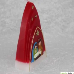 Online Weihnachtskerze personalisierbar – Kuppelmotiv rot-weiß mit Christkind, Maria und Josef, handgegossen Kerzen & Beleuchtung