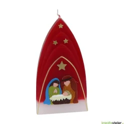 Online Weihnachtskerze personalisierbar – Kuppelmotiv rot-weiß mit Christkind, Maria und Josef, handgegossen Kerzen & Beleuchtung