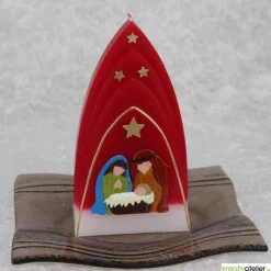 Online Weihnachtskerze personalisierbar – Kuppelmotiv rot-weiß mit Christkind, Maria und Josef, handgegossen Kerzen & Beleuchtung