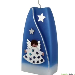 Outlet Weihnachtskerze personalisierbar – Doppelbogen-Kerze blau mit Engel, handgegossen, perfekte Winterdeko Kerzen & Beleuchtung