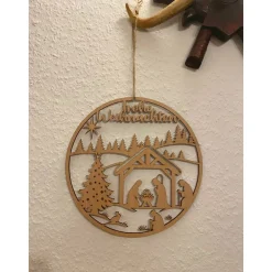 Outlet Weihnachtskranz aus Buchen-Sperrholz mit Krippenspiel, 25×25 cm, Wand- und Fensterdeko für Weihnachten Weihnachtsdeko