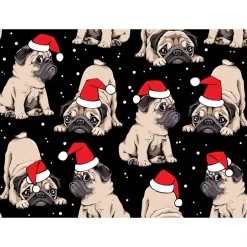 Weihnachtsstoffe|Modeatelier-Hildegard Weihnachtsstoff Mops mit Nikolausmütze – Baumwollstoff schwarz rot weiß, 140cm breit, 100% Baumwolle