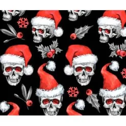 Discount Weihnachtsstoff Totenkopf mit Nikolausmütze – Baumwollstoff Skulls schwarz-rot-weiß, 100% Baumwolle, Öko-Tex Weihnachtsstoffe