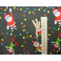 Discount Weihnachtsstoffe Baumwolle Meterware – Lichterkette Nikolaus Schneemann Elfen Lebkuchenmann – Webware Schwarz Bunt Weihnachtsstoffe