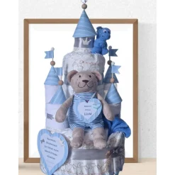 Outlet Windeltorte Junge Schloss blau personalisiert – Geschenk zur Babyparty mit Kuschelbärchen Geschenke