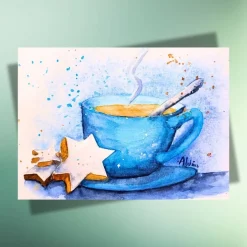 Clearance Winterkarte mit Heißgetränk & Zimtsternen auf Kraftpapier – Weihnachtsgruß handillustriert Weihnachtskarten