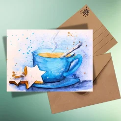 Clearance Winterkarte mit Heißgetränk & Zimtsternen auf Kraftpapier – Weihnachtsgruß handillustriert Weihnachtskarten