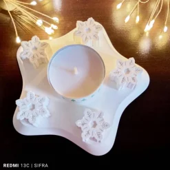 Kerzen & Beleuchtung|SiFra-Design Winterlicher Kerzenständer mit Schneesternen und großem Teelicht
