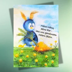 Osterkarten|AWkreativKunst-Shop Witzige Osterkarte mit Pinguin & Karotte auf edlem Naturpapier - Ostern & Frühling