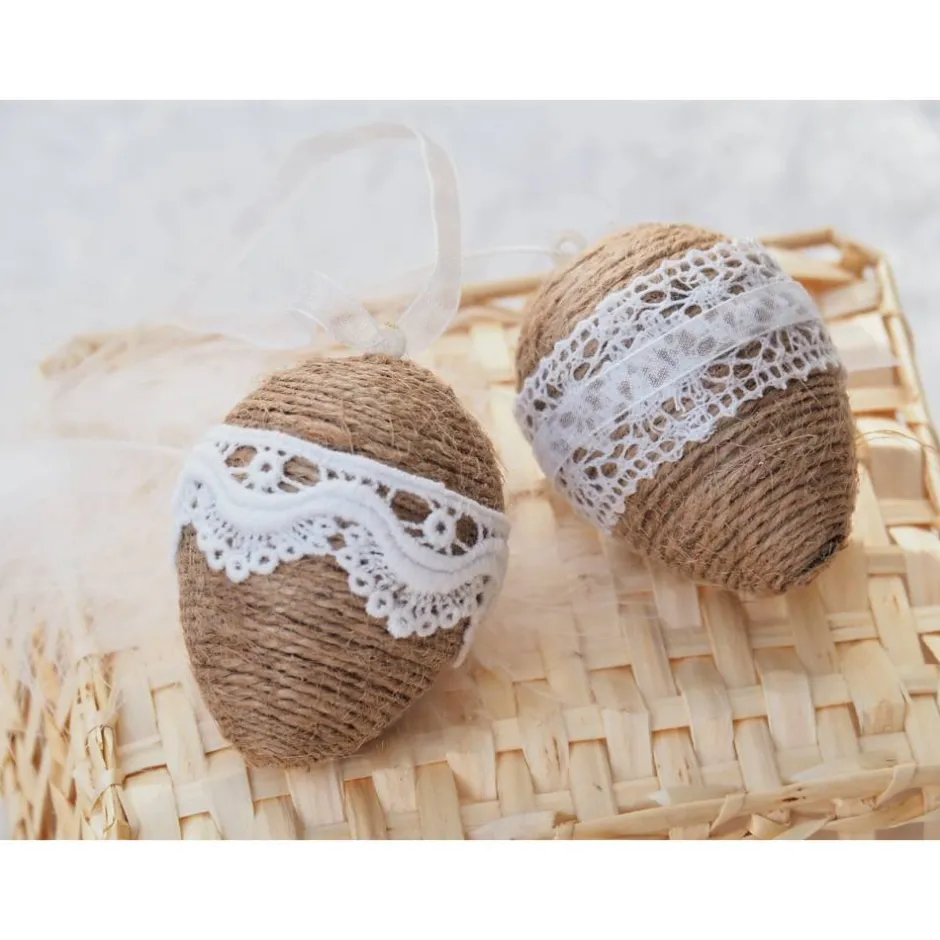 2x  OSTEREIER, Vintage- und Landhausstil, beige/weiß, Spitzenbänder, ca 6 cm Ostereier