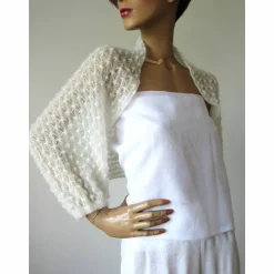 Brautstolen & -Boleros|Nica Weingartner Zarter Braut Bolero ivory, Jäckchen Hochzeit, Schulterwärmer Shrug Mohair, Seelenwärmer mit Lace Muster, duftig leicht