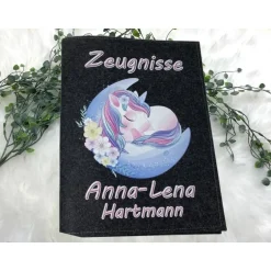 Zeugnismappe mit Namen aus Filz (A4) incl.zeugniss Hefter Einschulung Geschenk Zeugnis mappe personalisiert Einhorn Kinder Einschulung