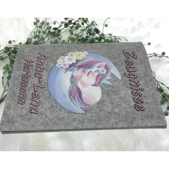 Zeugnismappe mit Namen aus Filz (A4) incl.zeugniss Hefter Einschulung Geschenk Zeugnis mappe personalisiert Einhorn Kinder Einschulung