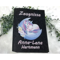 Zeugnismappe mit Namen aus Filz (A4) incl.zeugniss Hefter Einschulung Geschenk Zeugnis mappe personalisiert Einhorn Kinder Einschulung
