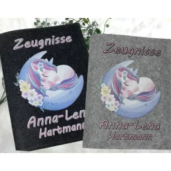 Zeugnismappe mit Namen aus Filz (A4) incl.zeugniss Hefter Einschulung Geschenk Zeugnis mappe personalisiert Einhorn Kinder Einschulung