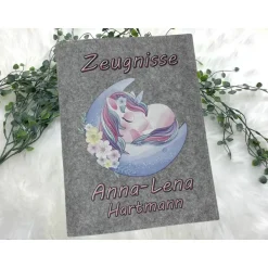 Zeugnismappe mit Namen aus Filz (A4) incl.zeugniss Hefter Einschulung Geschenk Zeugnis mappe personalisiert Einhorn Kinder Einschulung